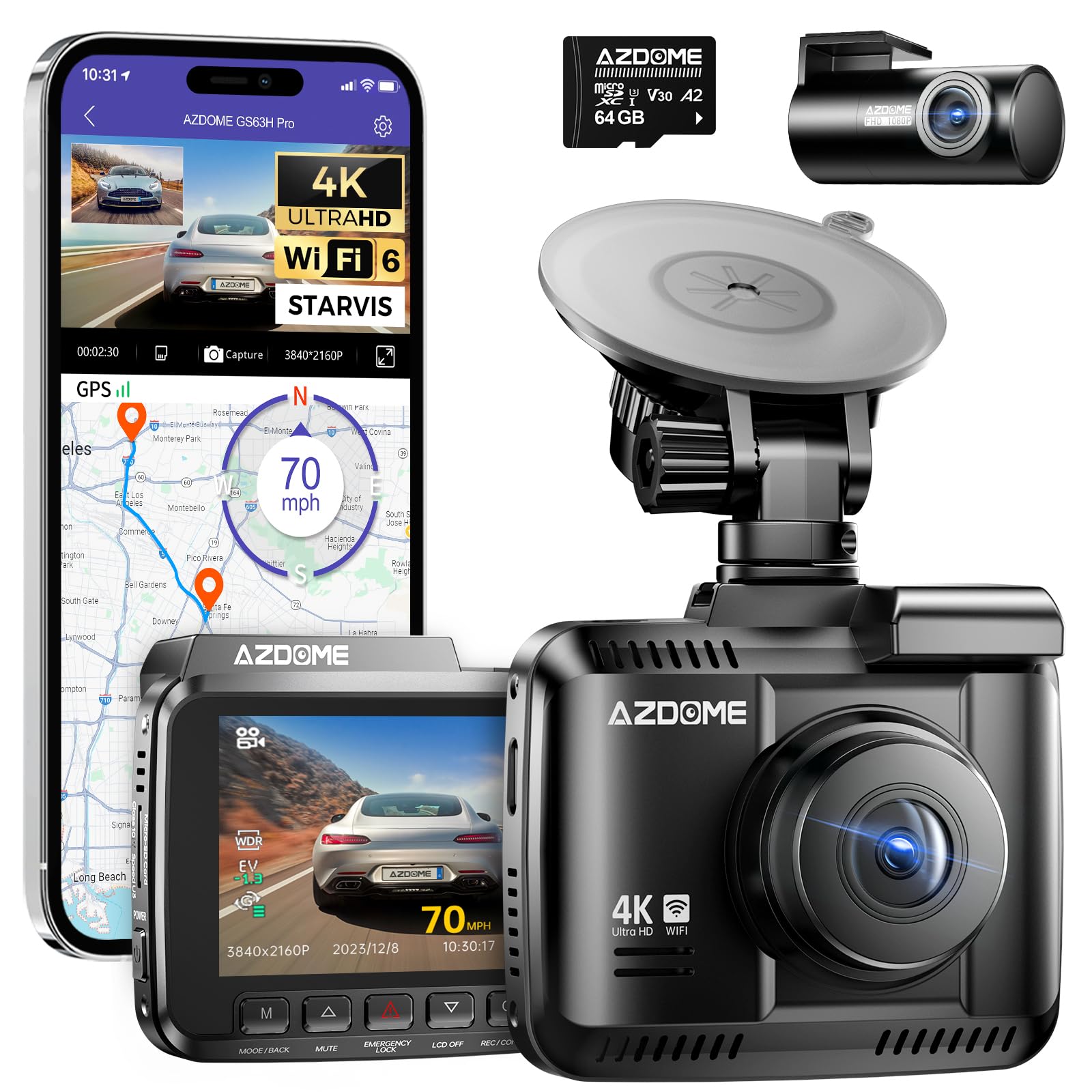 AZDOME Dashcam Auto Vorne Hinten 4K/2,5K GPS WiFi Dash Cam Auto